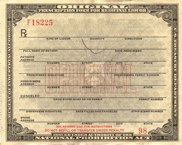 Rx Form 1403 for Medicinal Alcohol during Prohibition - USA 1931
